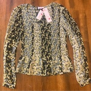 Parker NWT Dara Silk Blend XS Smocked Blouse Blue Gold Blossom Stripe Long Sleev